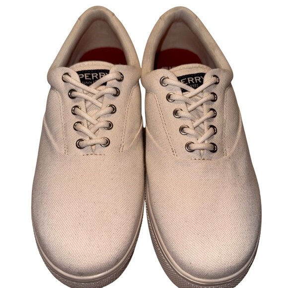 Sperry Mens Size 9.5W Canvas Cream Sneakers With Plushstep Insole Shoes New - Picture 1 of 7